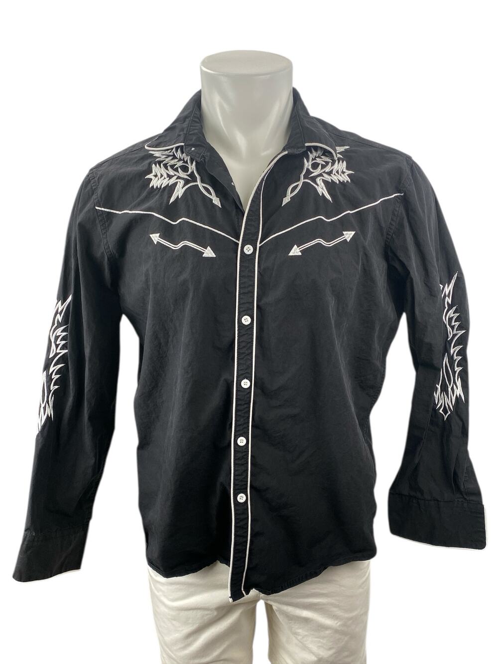 Coofandy Mens Black Embroidered Western Long Sleeve Button Down Shirt Top Size L